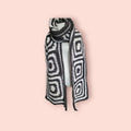 blanket scarf, long and wide, with merino wool, dark grey and off white, handmade