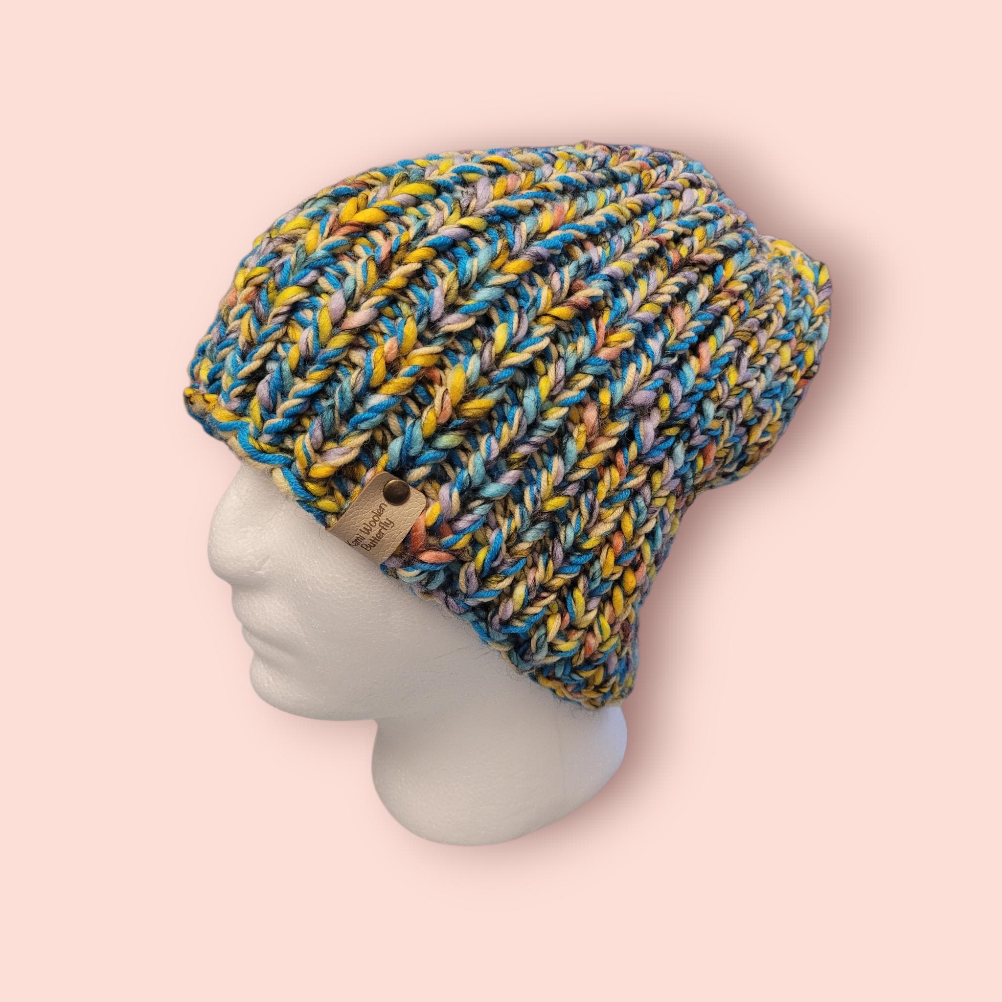 handmade XL beanie hat, yellow and blue and marble other colours, with merino wool, stretchy fit