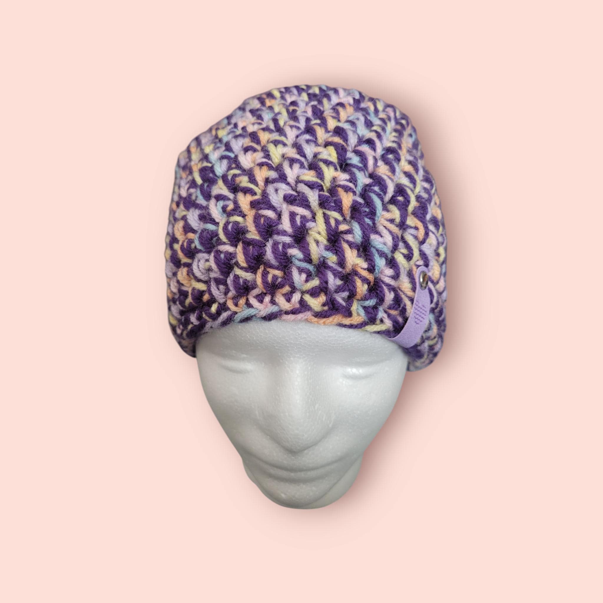 purple and rainbow beanie hat, handmade,  crochet, acrylic and wool