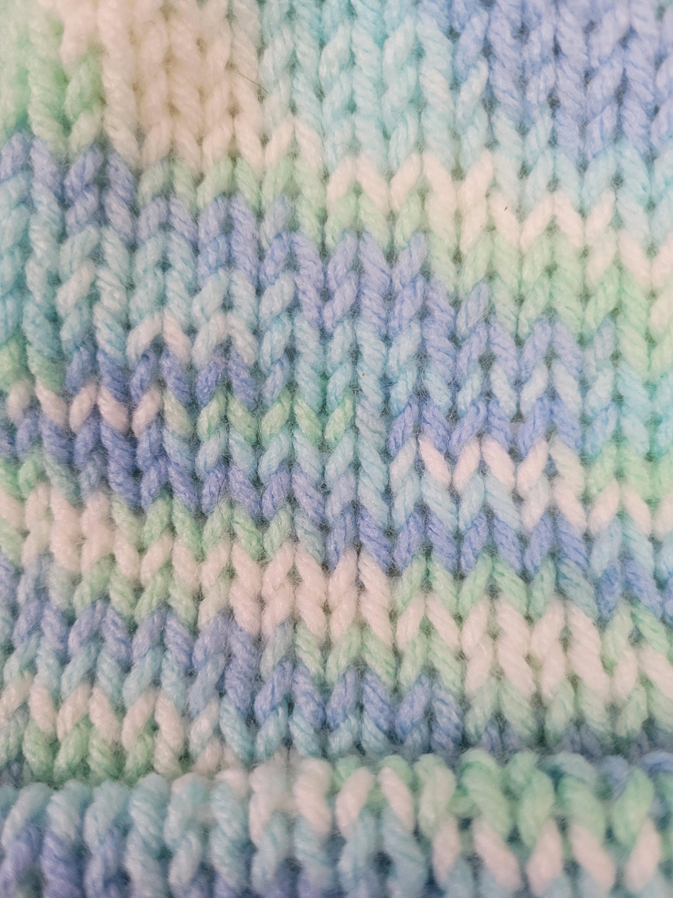 1-2 yo beanie hat, blue,  green and white,  with pompom, winter hat