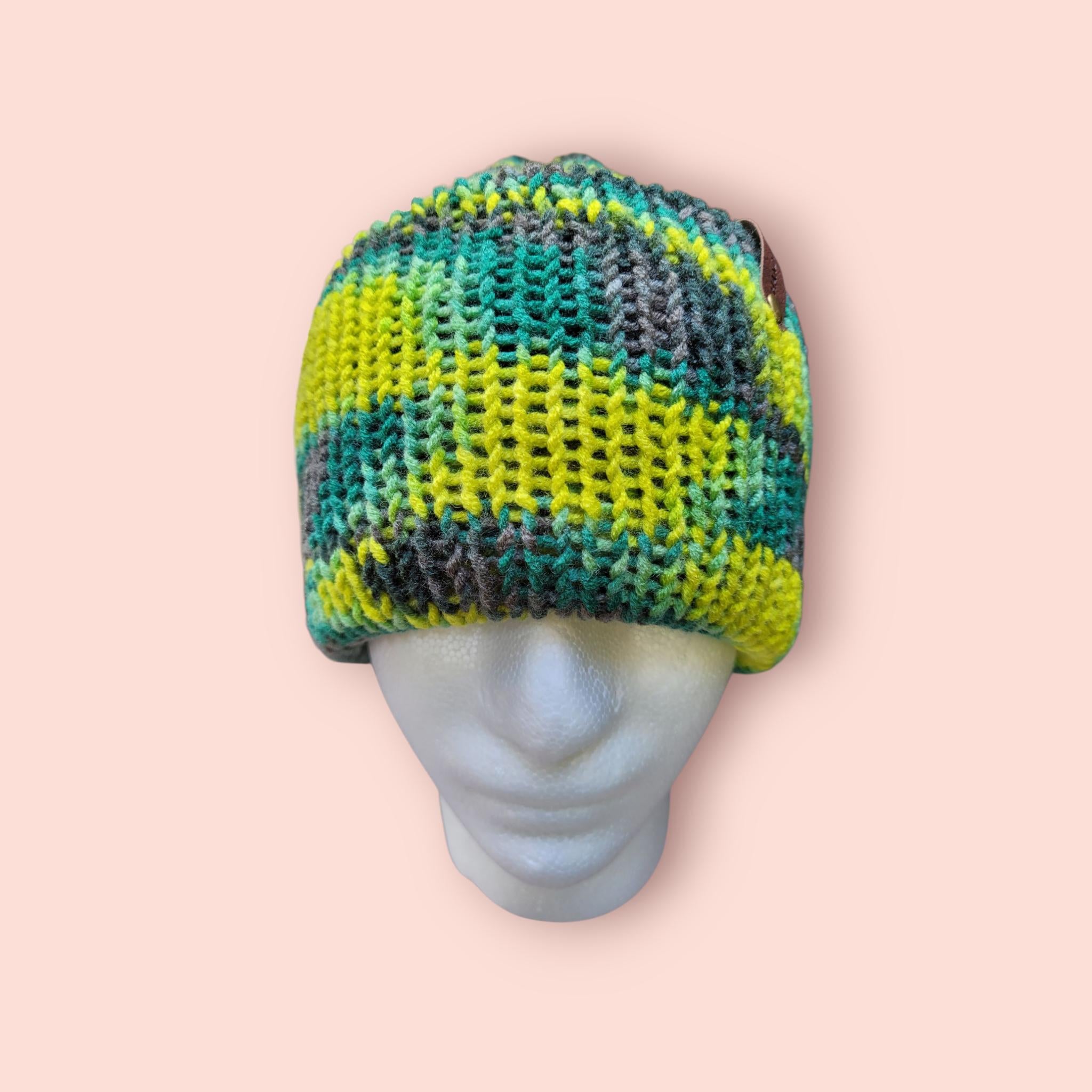 neon green, green and brown beanie hat