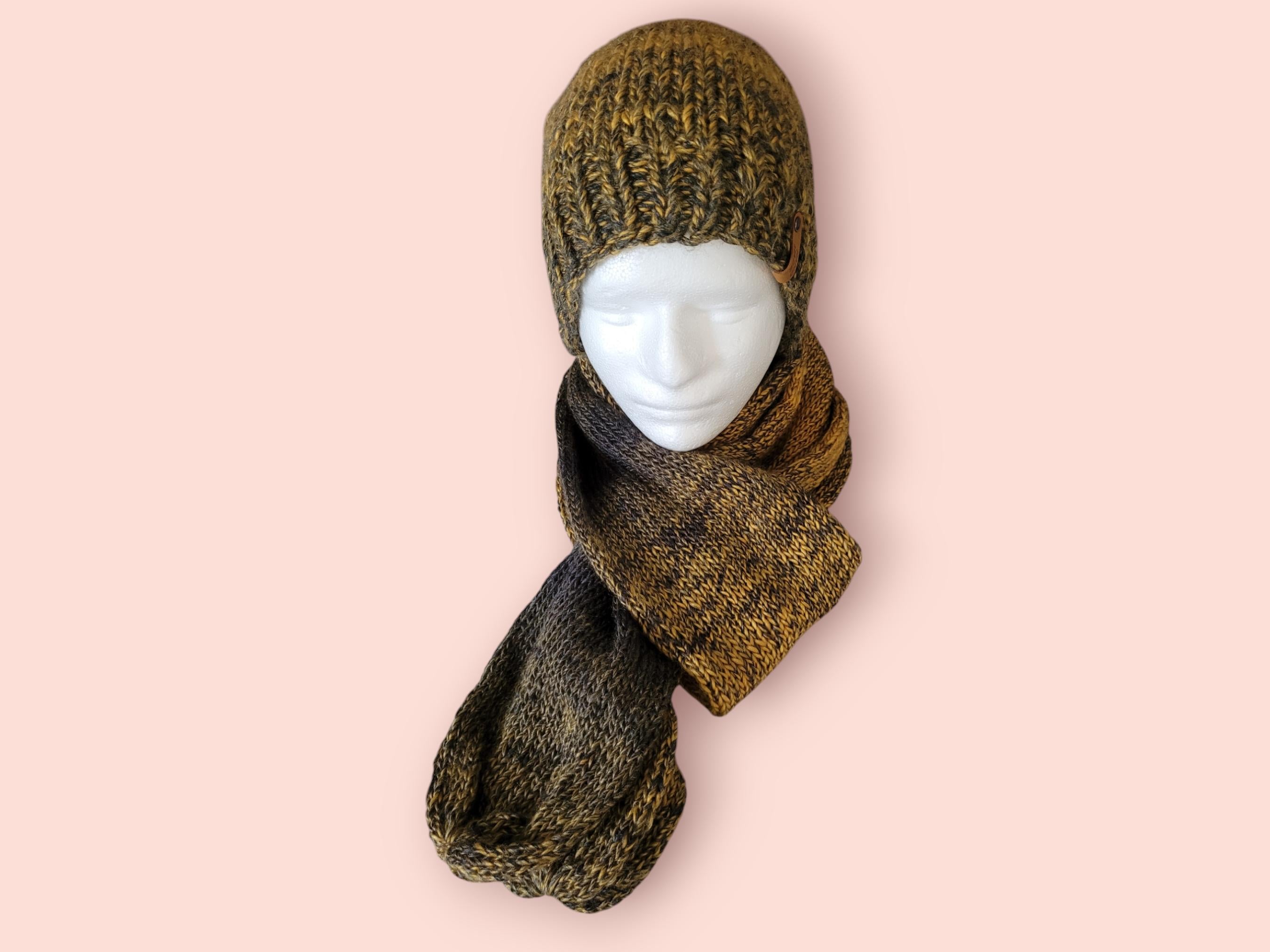 set of hat and scarf, silk and soft blend of wool and acrylic