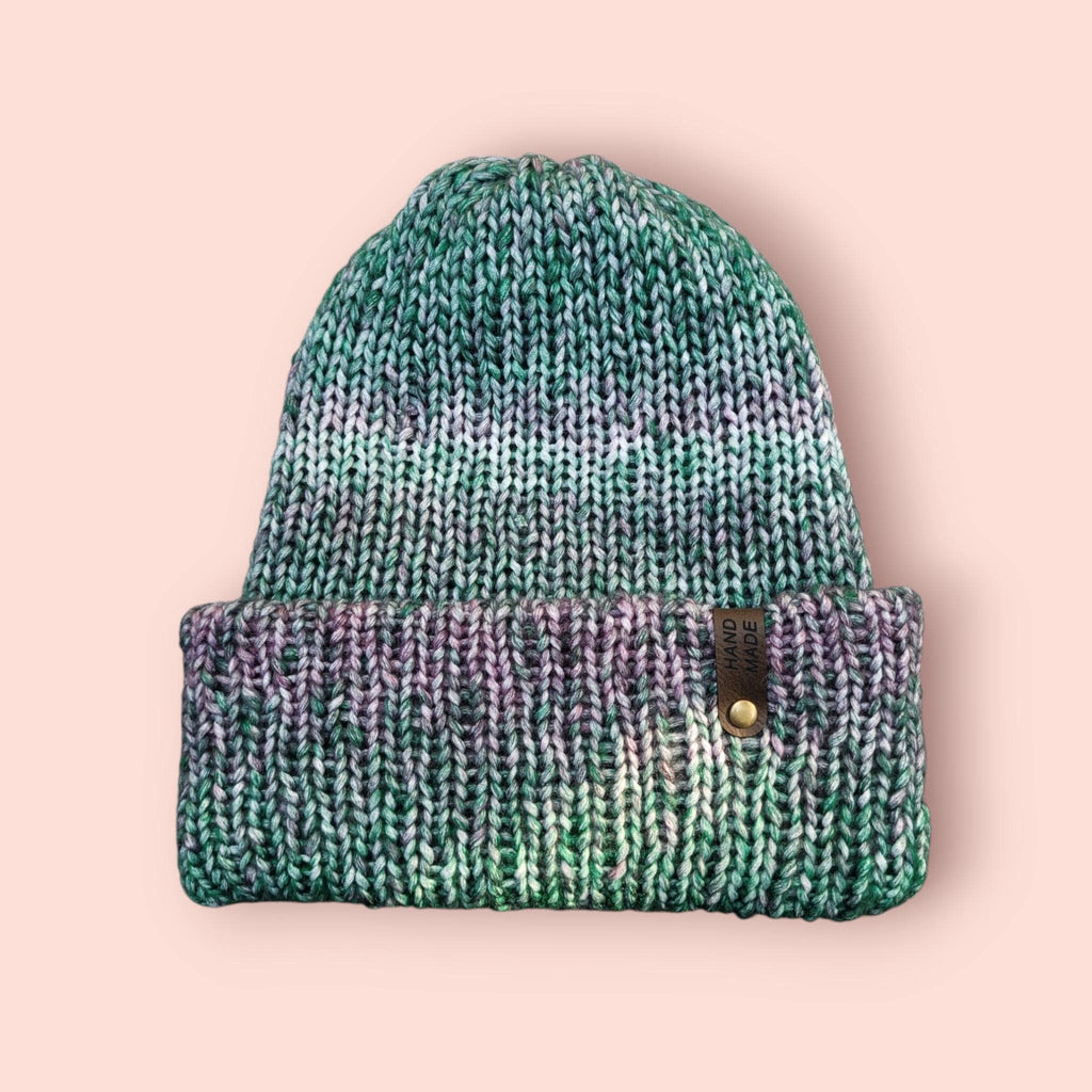 green, purple,  white ombre effect beanie hat,  with wool