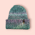 green, purple,  white ombre effect beanie hat,  with wool