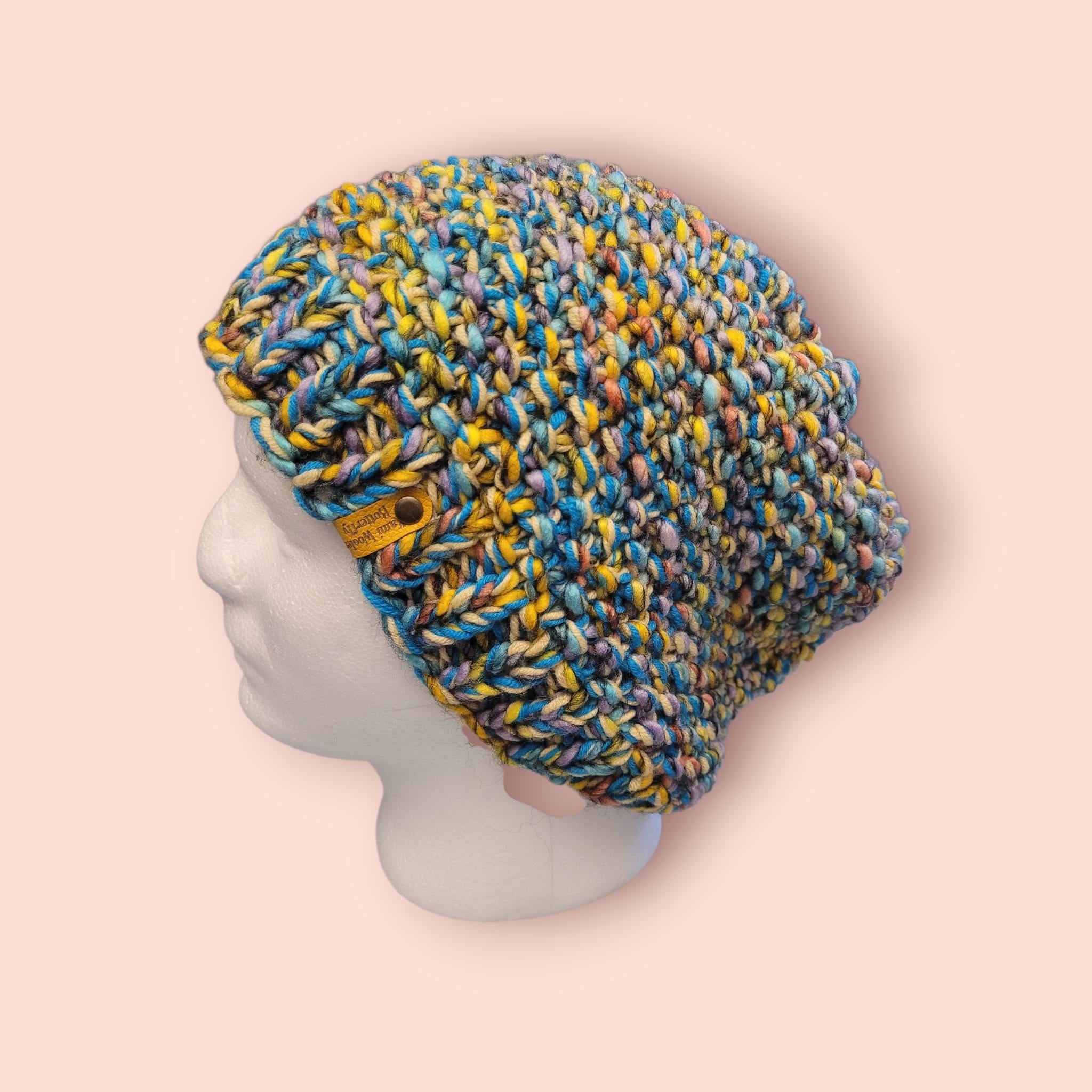 handmade XXL beanie, yellow and blue and other, with merino wool, wool and acrylic