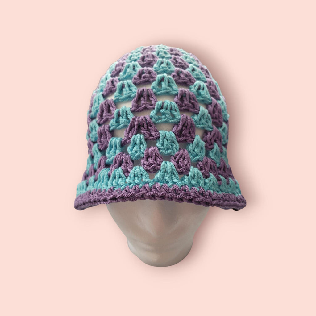 purple and aqua blue bucket hat,  festival hat,  beach and summer hat,  hand made, 100% cotton