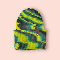 neon green, green and brown beanie hat