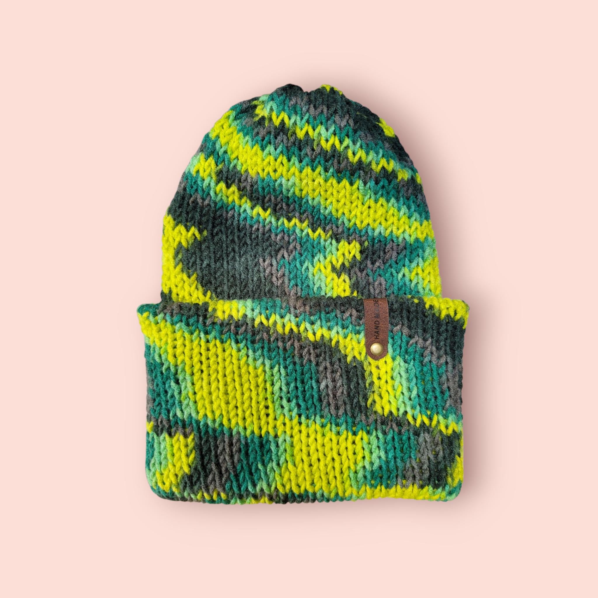 neon green, green and brown beanie hat