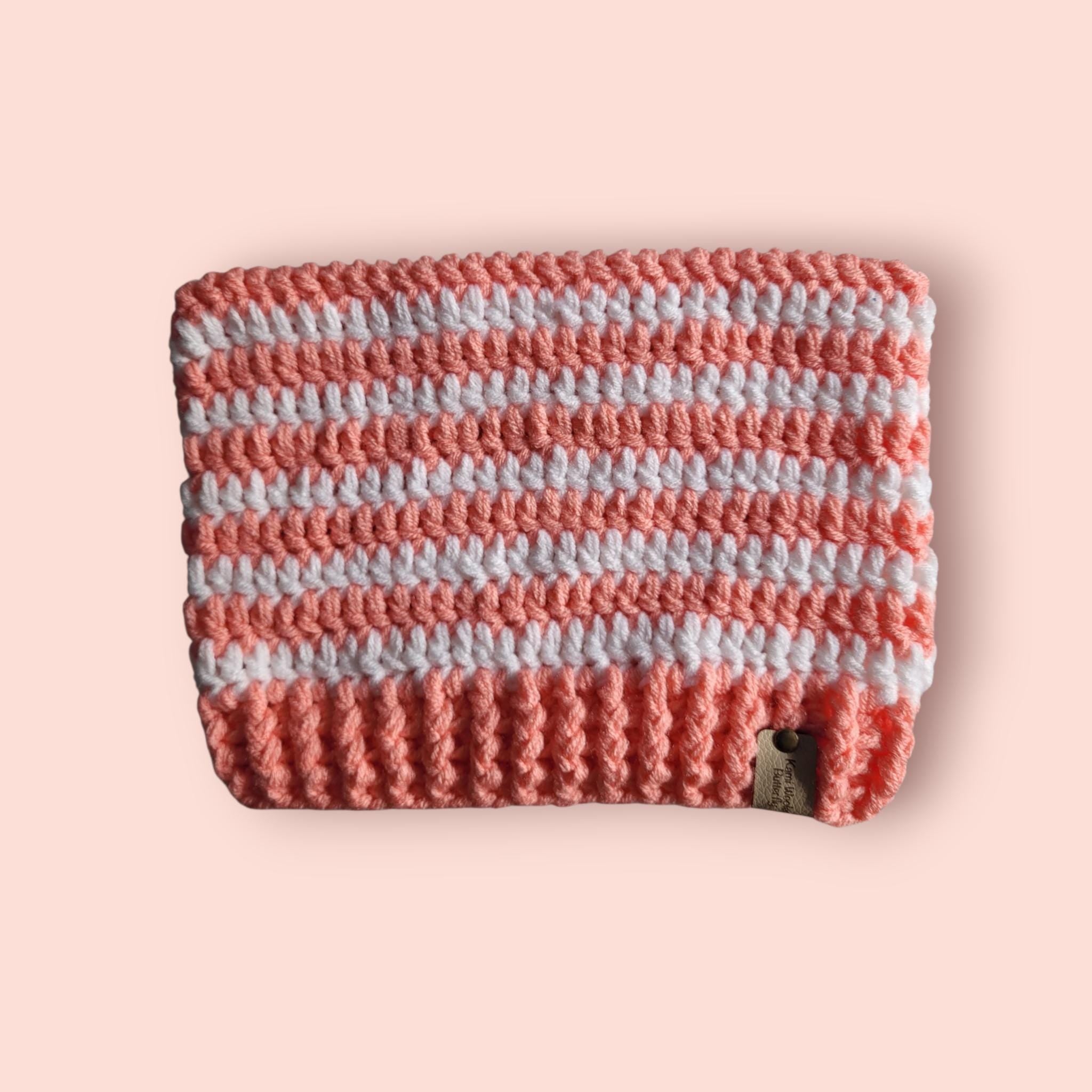 cat beanie hat, peach and white, acrylic