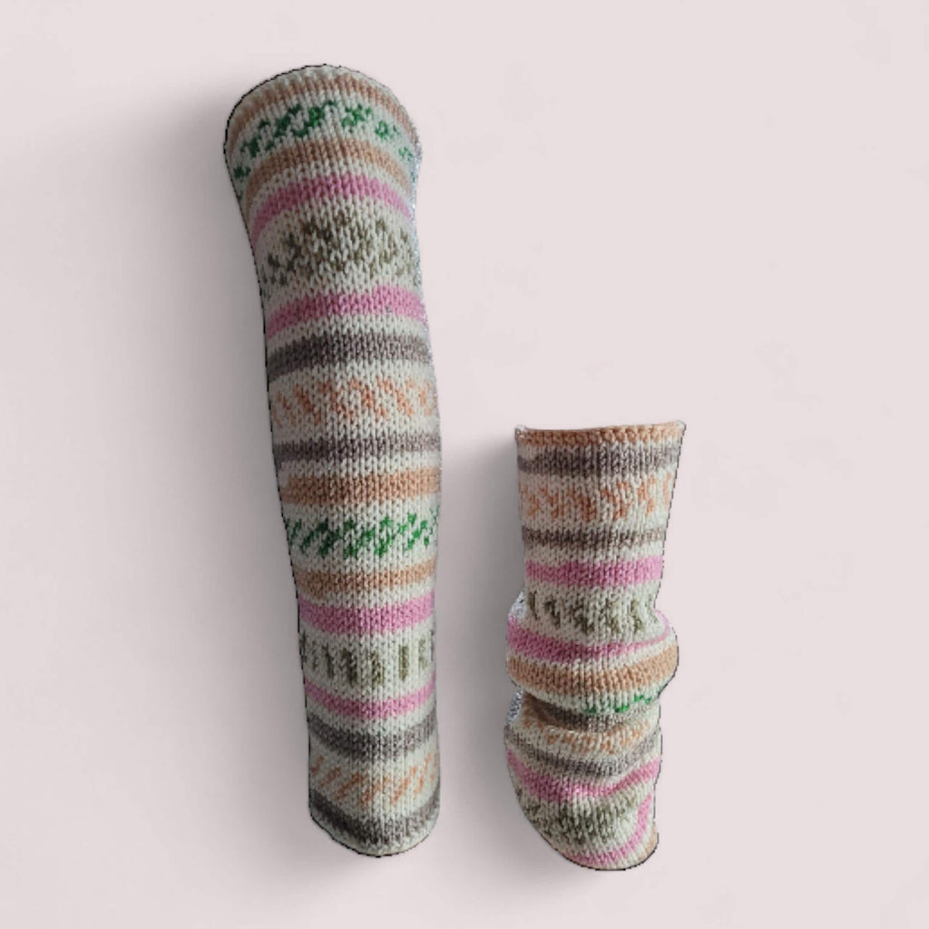 handmade leg warmers, fair isle effect, white, pink and green, acrylic