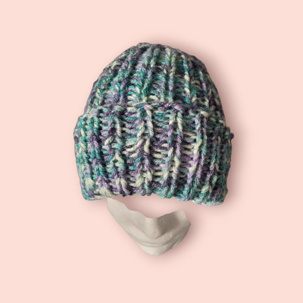 handmade knitted beanie hat, purple, green, white, with wool, flexible fit