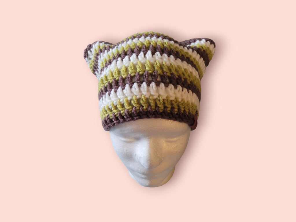 Green white brown cat beanie cat hat