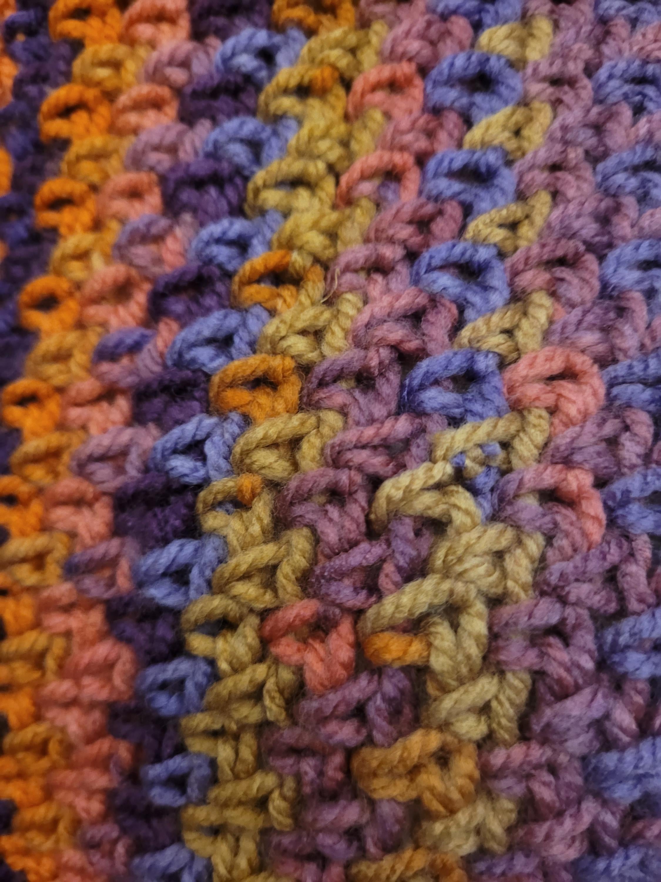handmade crochet scarf, orange and purple shades, acrylic