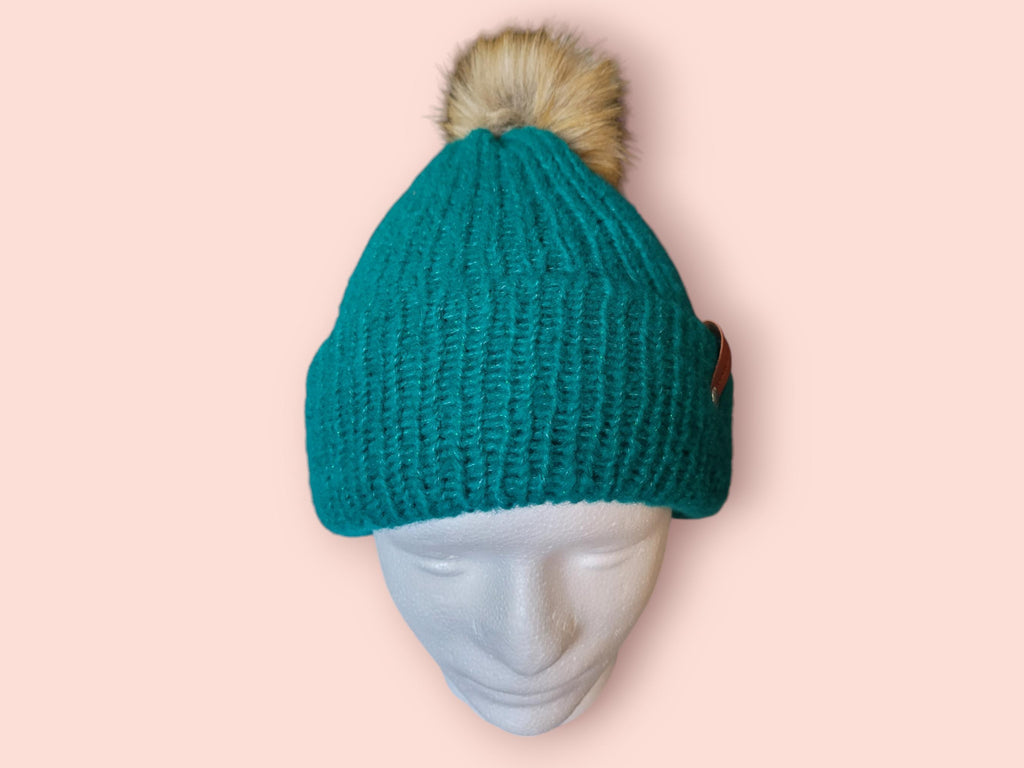 Green/sparkle warm beanie hat with pompom. with wool