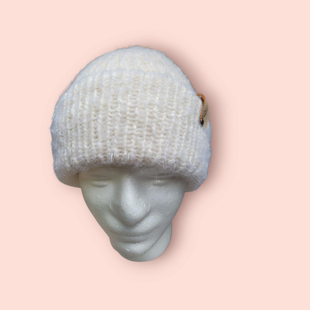 off-white merino wool hat, very soft and fluffy