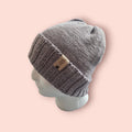 hand knitted merino wool beanie hat,  grey with purple shade