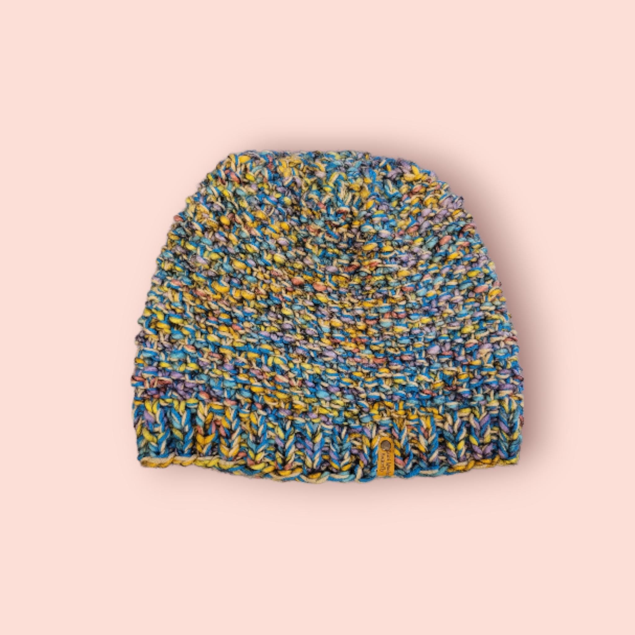 handmade XXL beanie, yellow and blue and other, with merino wool, wool and acrylic