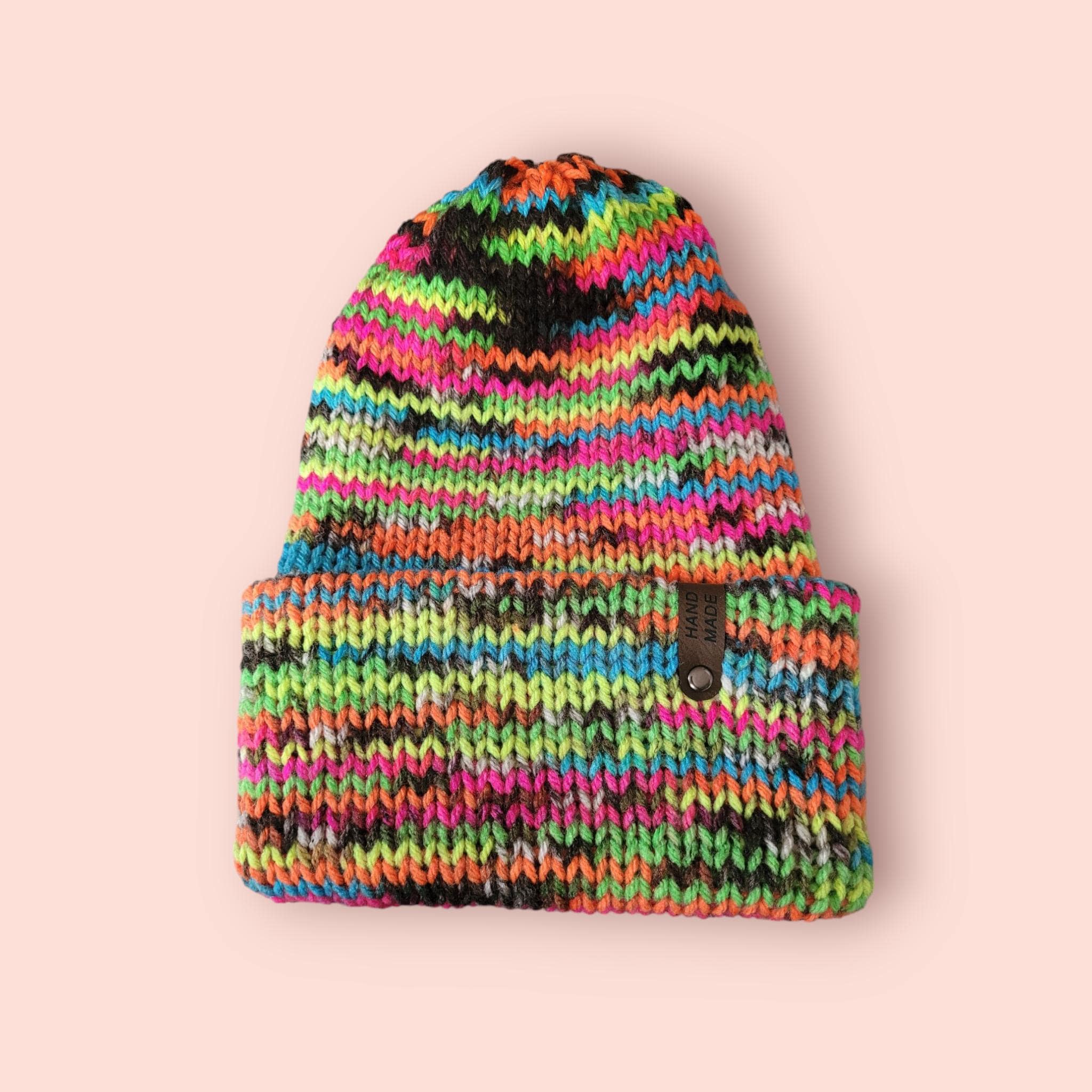 neon black beanie hat, bright colours,  size S -M,  folded brim, double layer, warm beanie, acrylic
