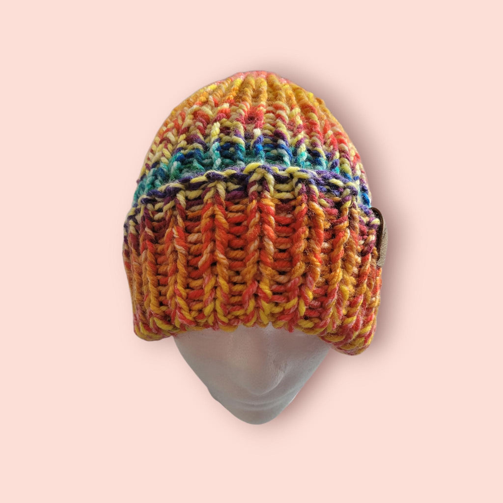 handmade beanie hat, sunset colours, size L-XL, acrylic