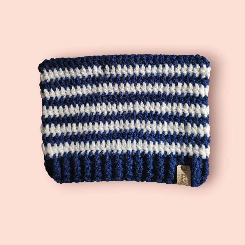 cat beanie hat, navy blue and white, acrylic
