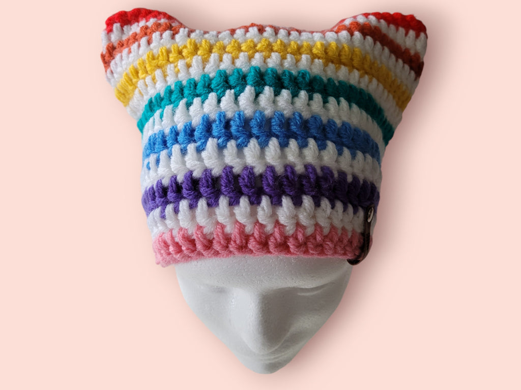 cat beanie hat white / rainbow