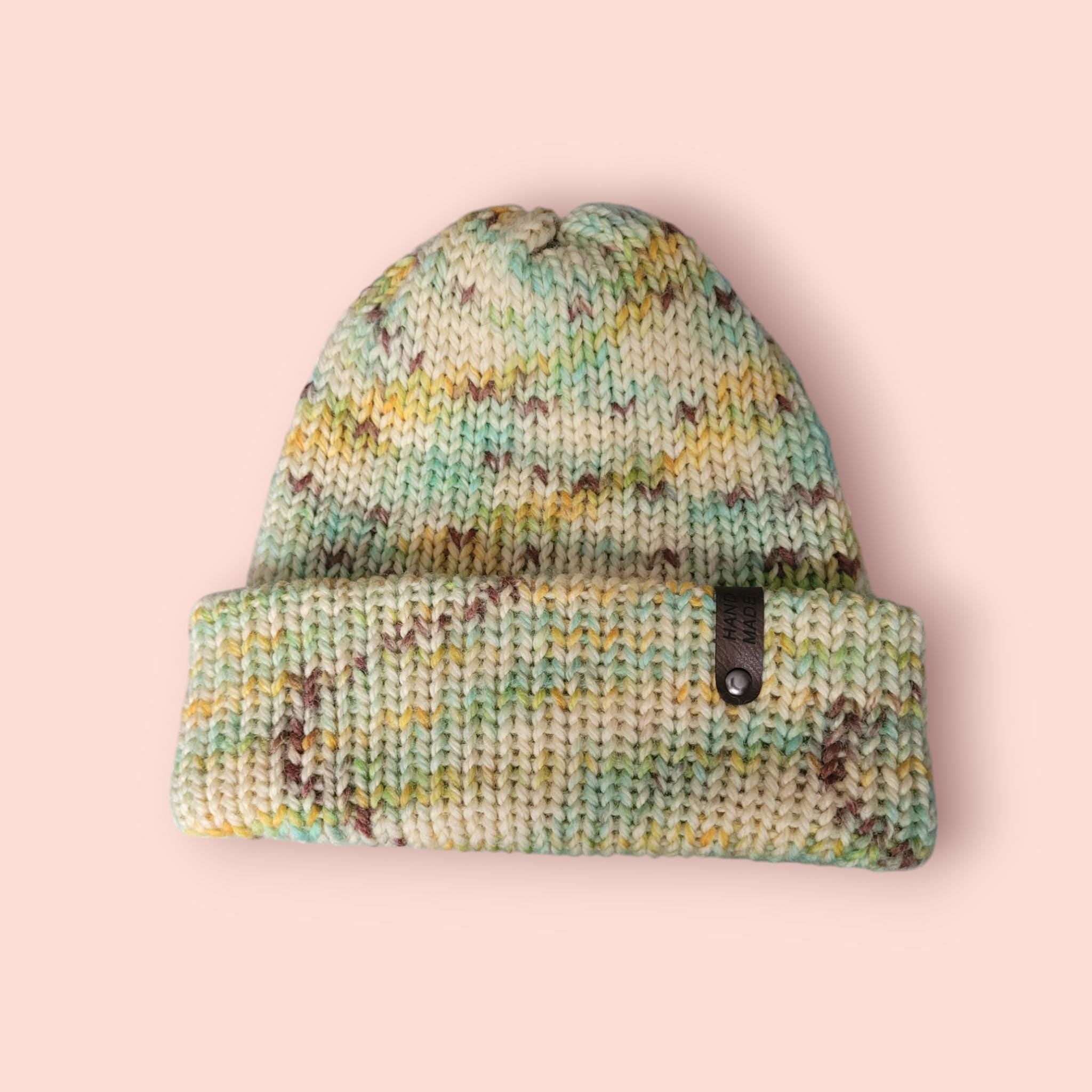 organic pure wool, very warm winter beanie hat, yellow with brown and brown speckles