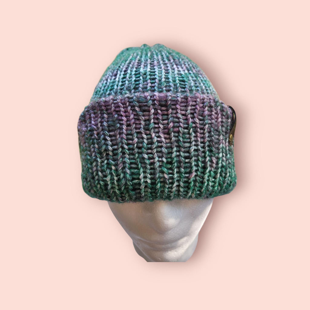 green, purple,  white ombre effect beanie hat,  with wool