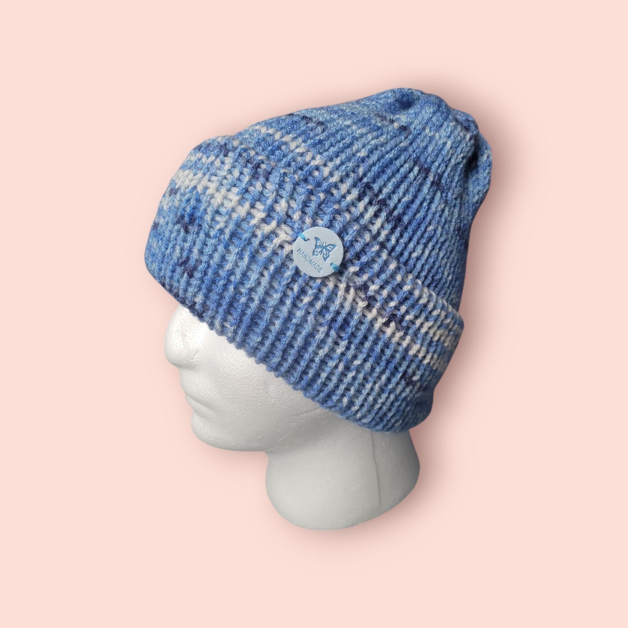 Blue marble beanie hat, stretchy fit,  double layer,  folded brimm, acrylic, shades of blue