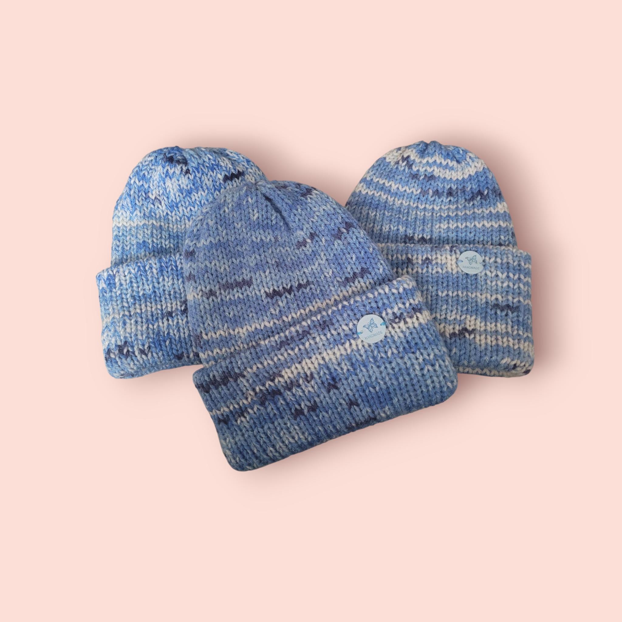 Blue marble beanie hat, stretchy fit,  double layer,  folded brimm, acrylic, shades of blue