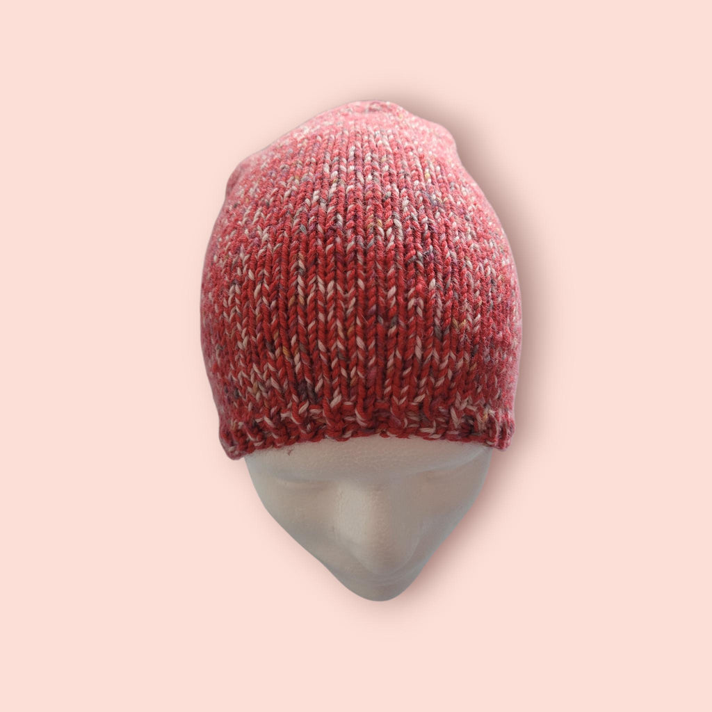 handmade merino wool beanie hat, red marble,  slouchy fit