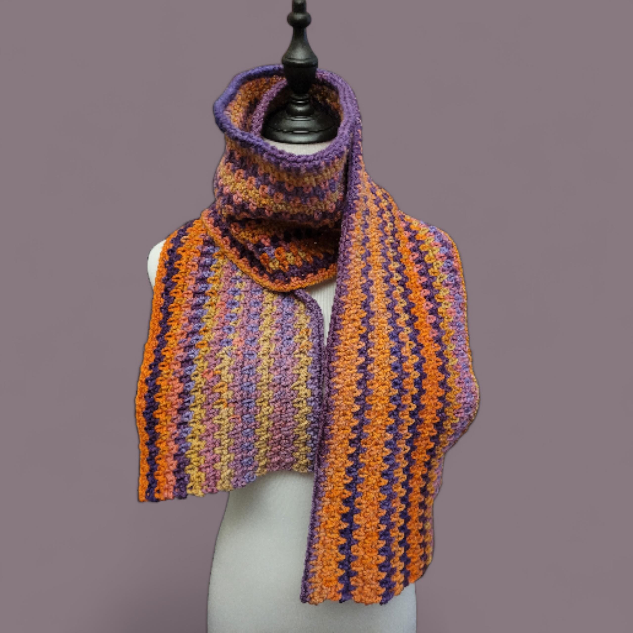 handmade crochet scarf, orange and purple shades, acrylic