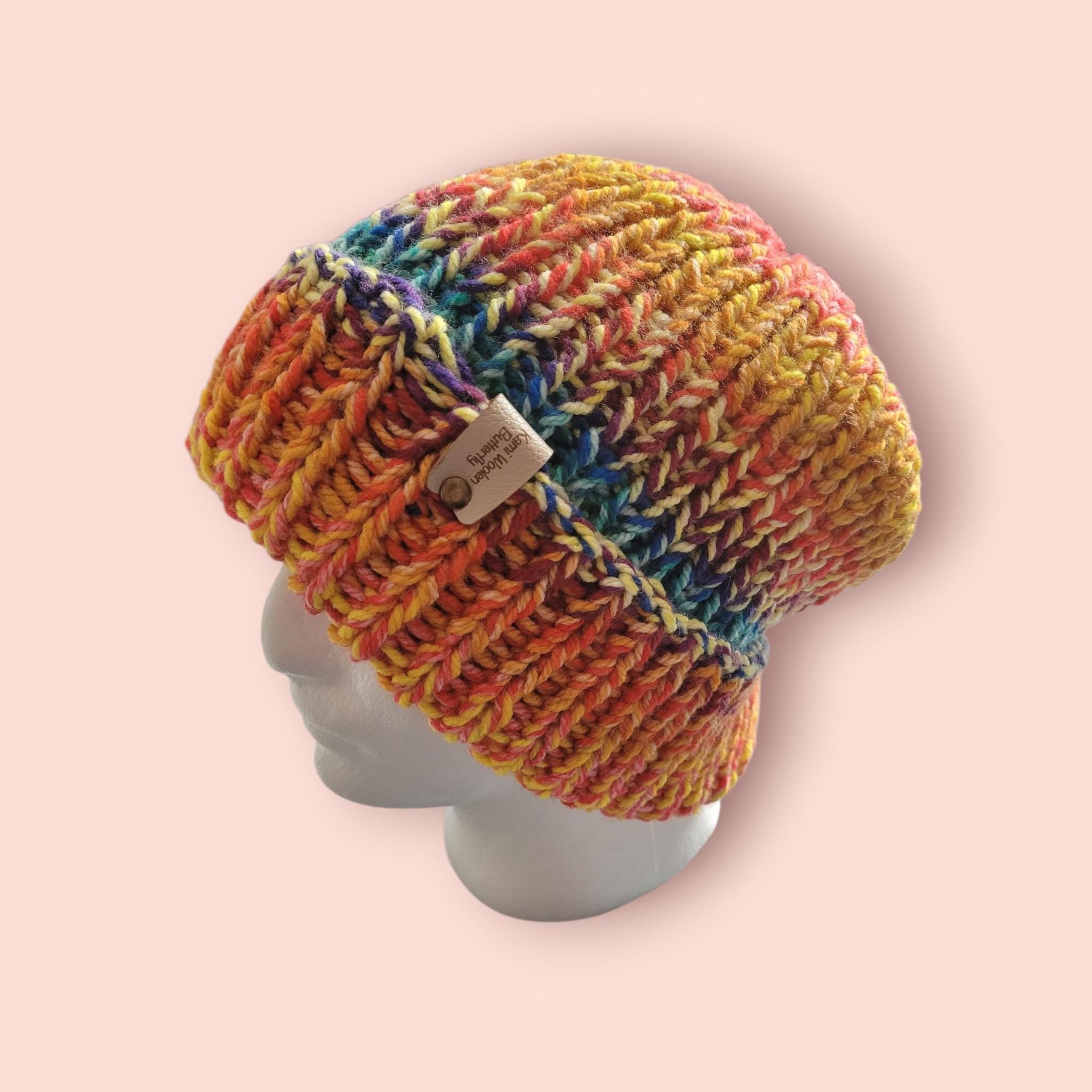 handmade beanie hat, sunset colours, size L-XL, acrylic