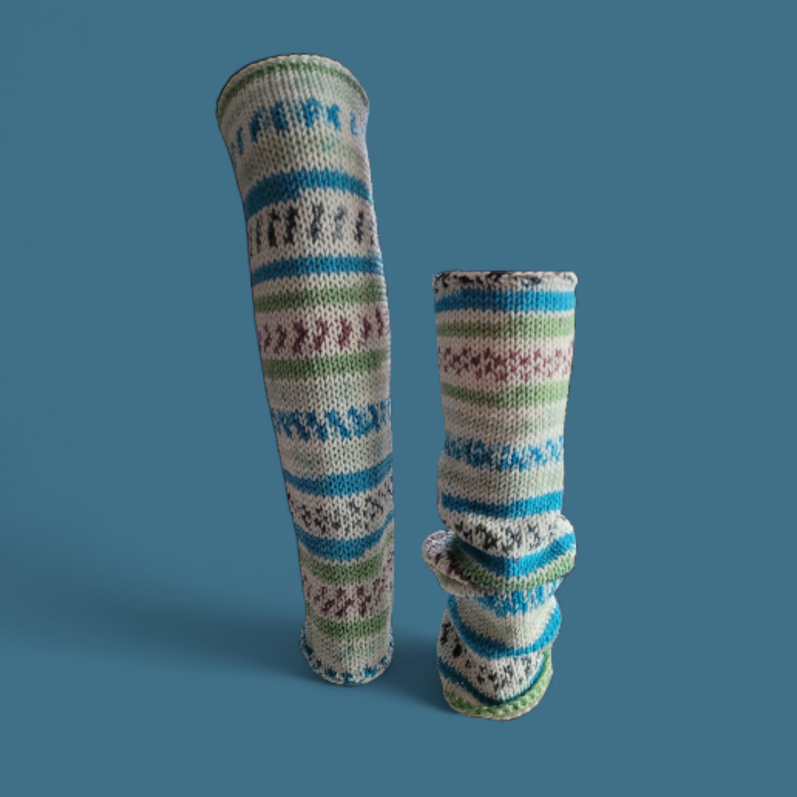 handmade leg warmers, fair isle effect, white, blue and green, acrylic