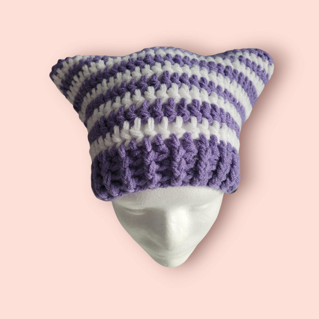 cat beanie hat, purple and white, acrylic