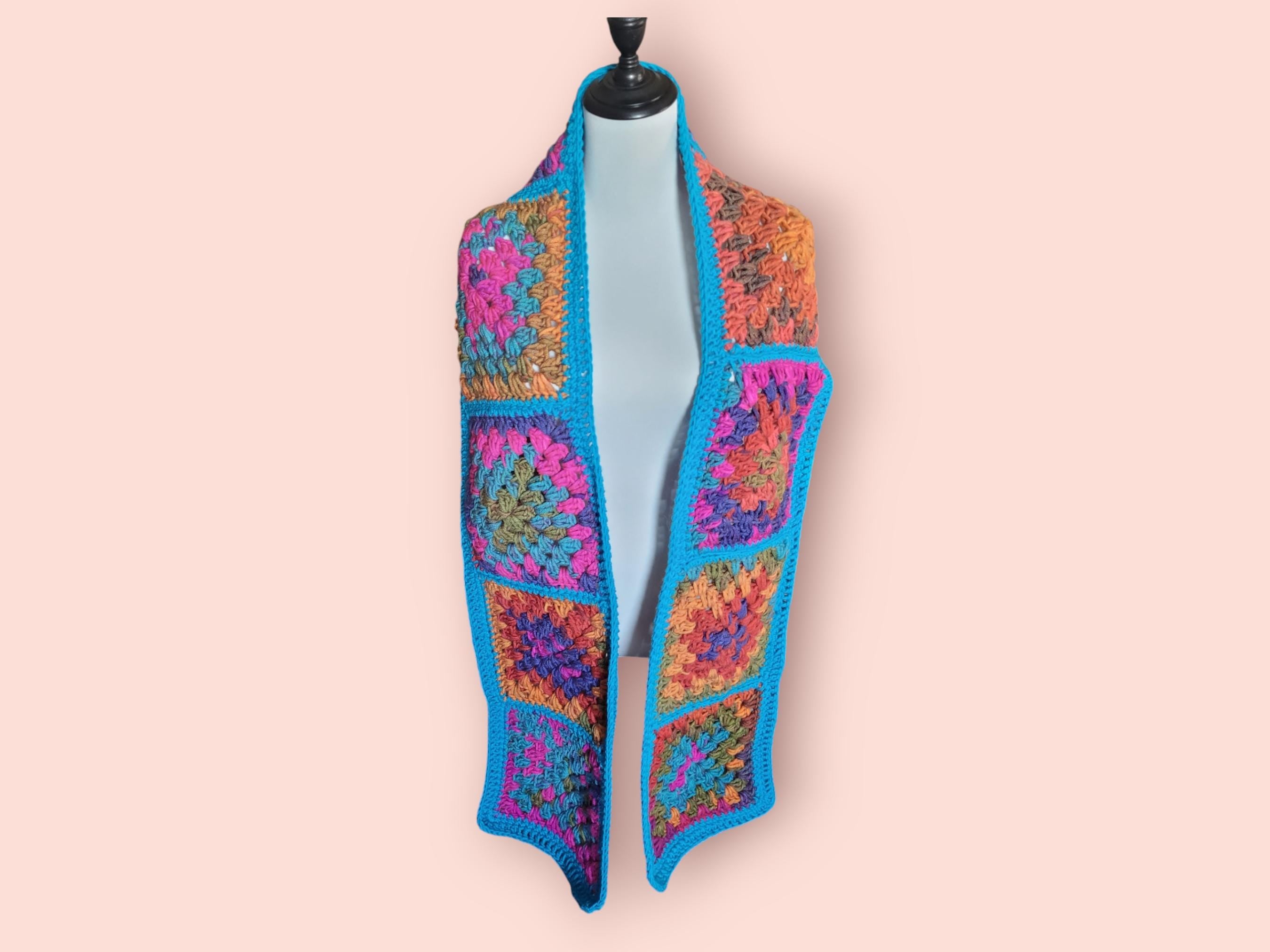 granny squares scarf handmade bright colours and long warm alternative stylish and outstanding soft and warm scarf wide and long