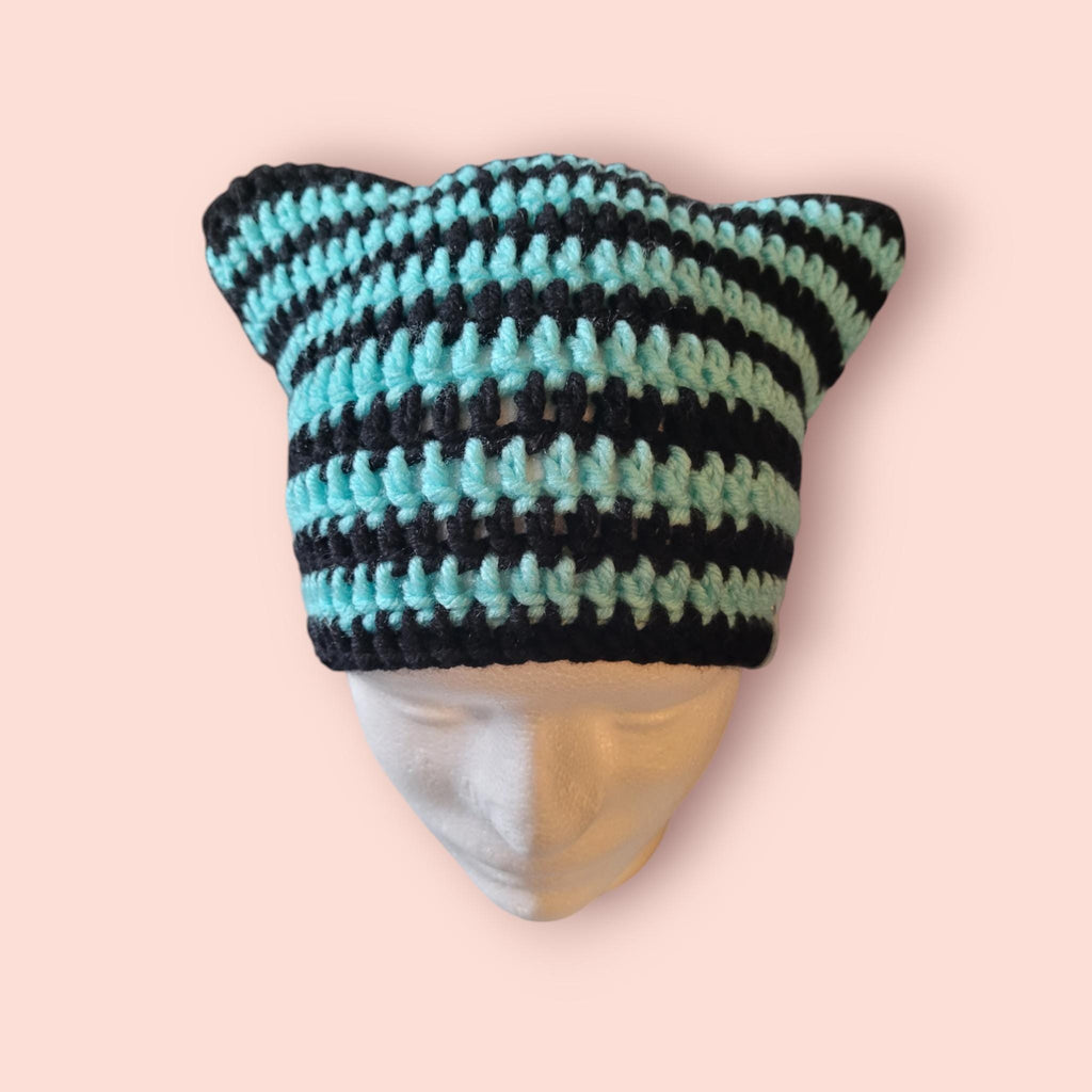 cat beanie hat black aqua handmade crochet