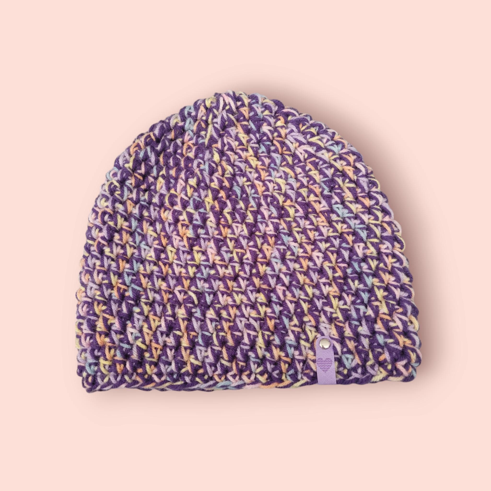 purple and rainbow beanie hat, handmade,  crochet, acrylic and wool