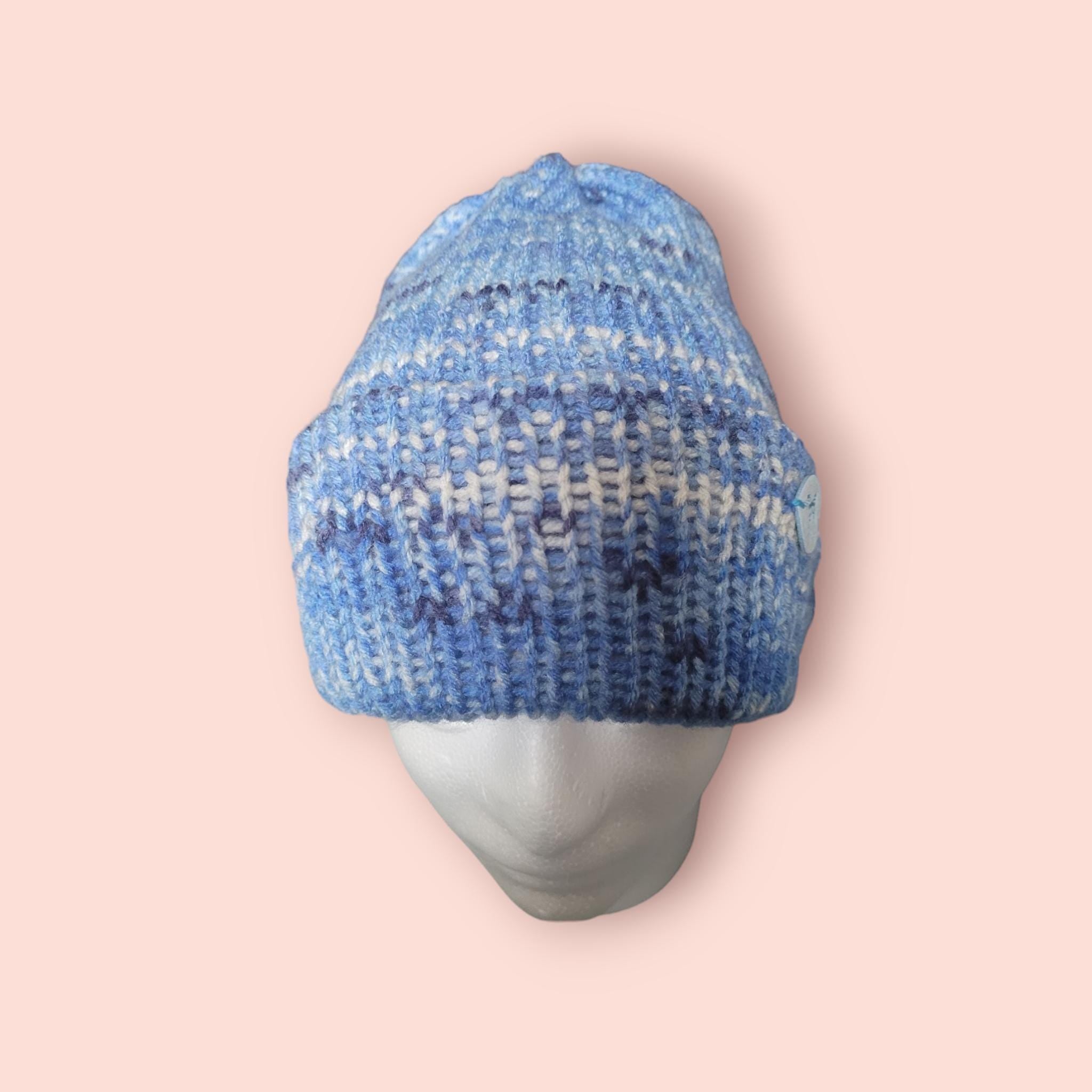 Blue marble beanie hat, stretchy fit,  double layer,  folded brimm, acrylic, shades of blue