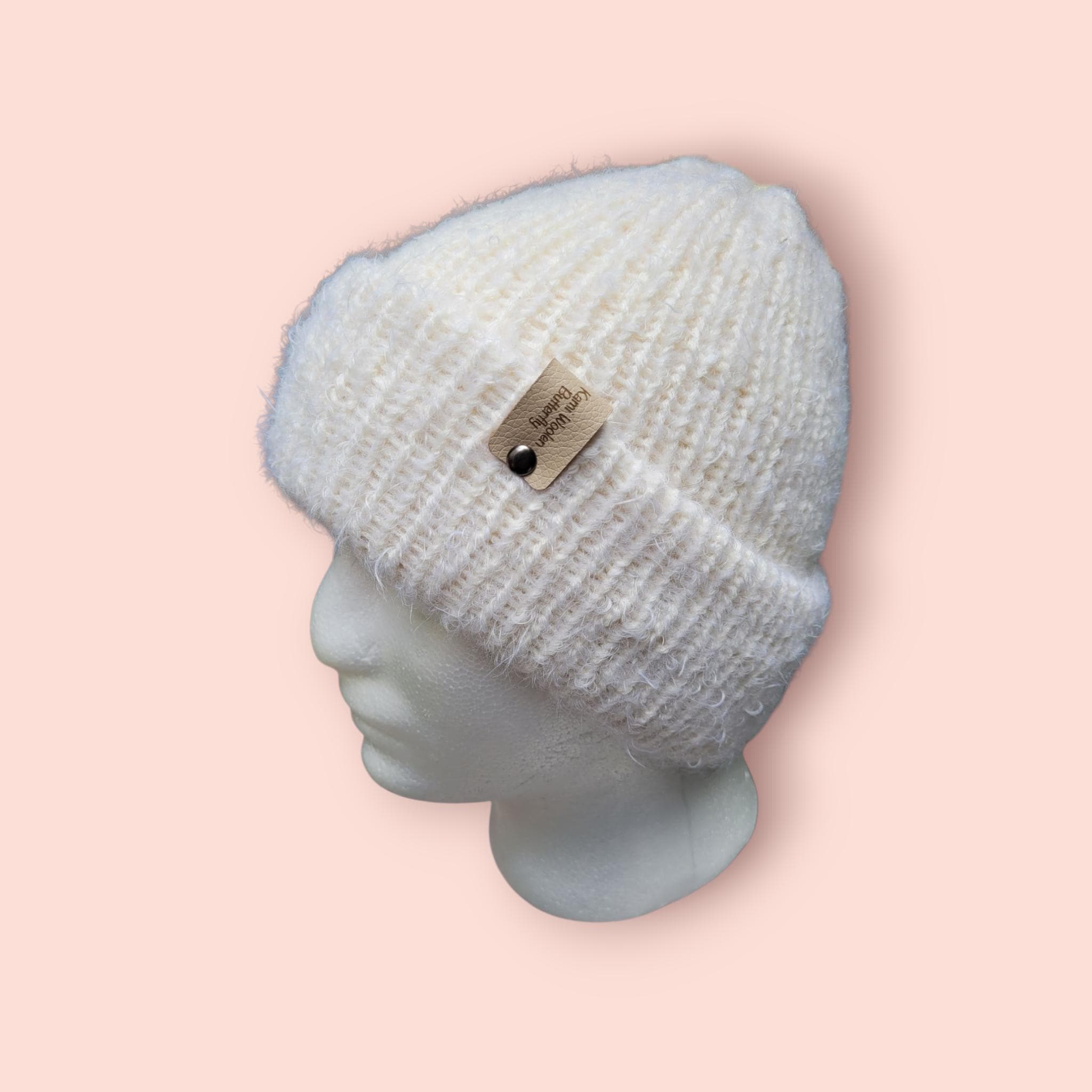 off-white merino wool hat, very soft and fluffy