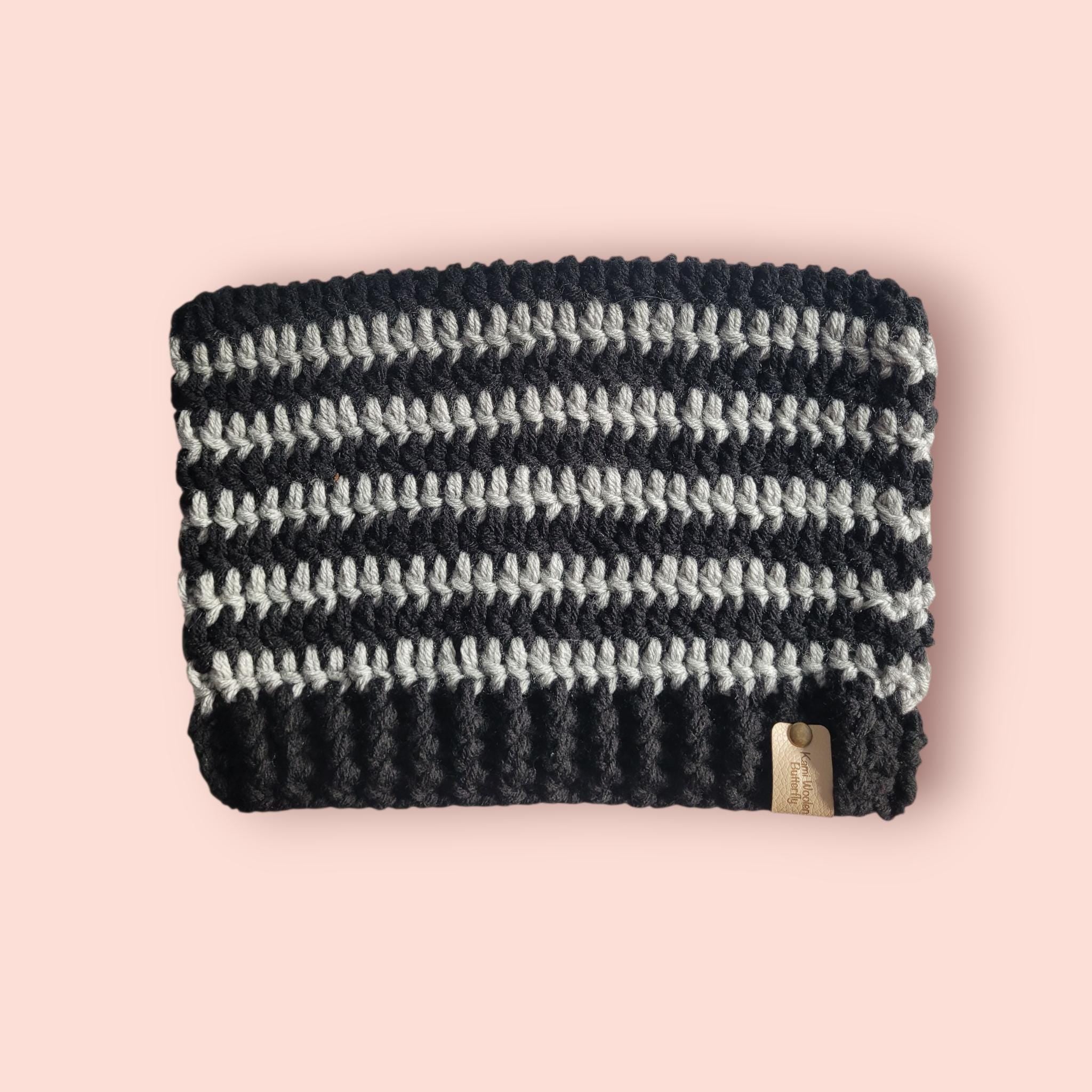 cat beanie hat, black and grey, acrylic