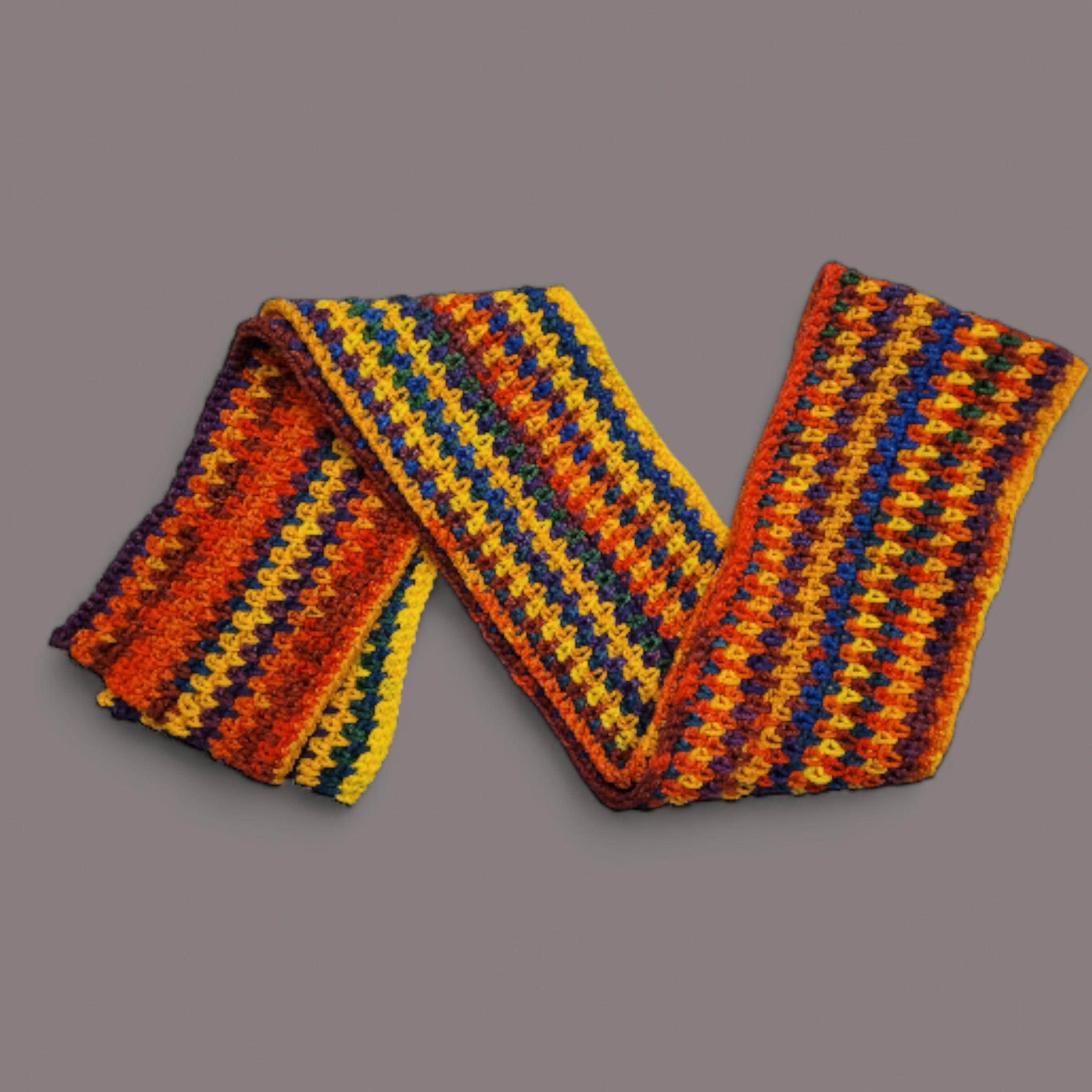 handmade crochet scarf, bright colours, yellow, red, blue, purple and green  acrylic