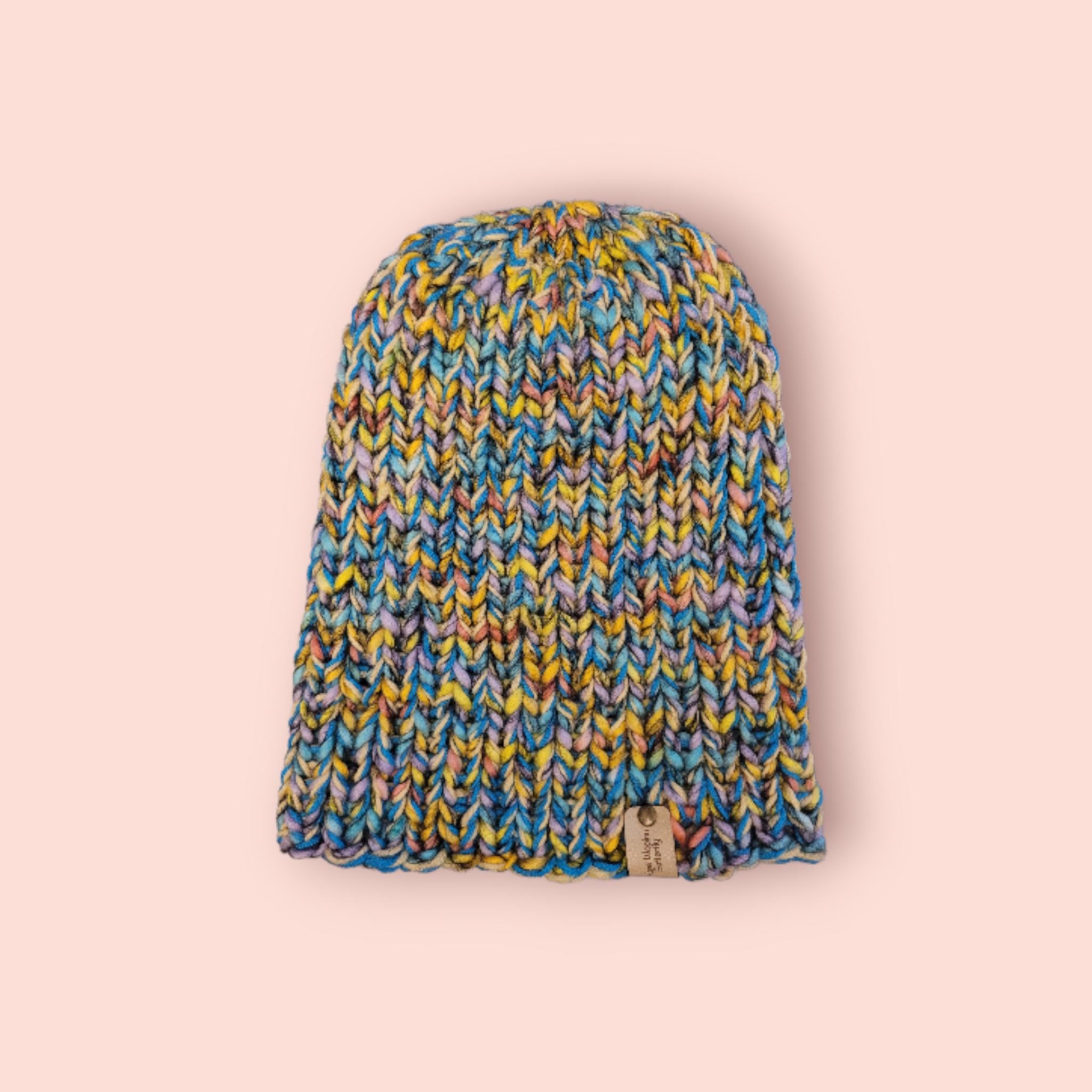 handmade XL beanie hat, yellow and blue and marble other colours, with merino wool, stretchy fit