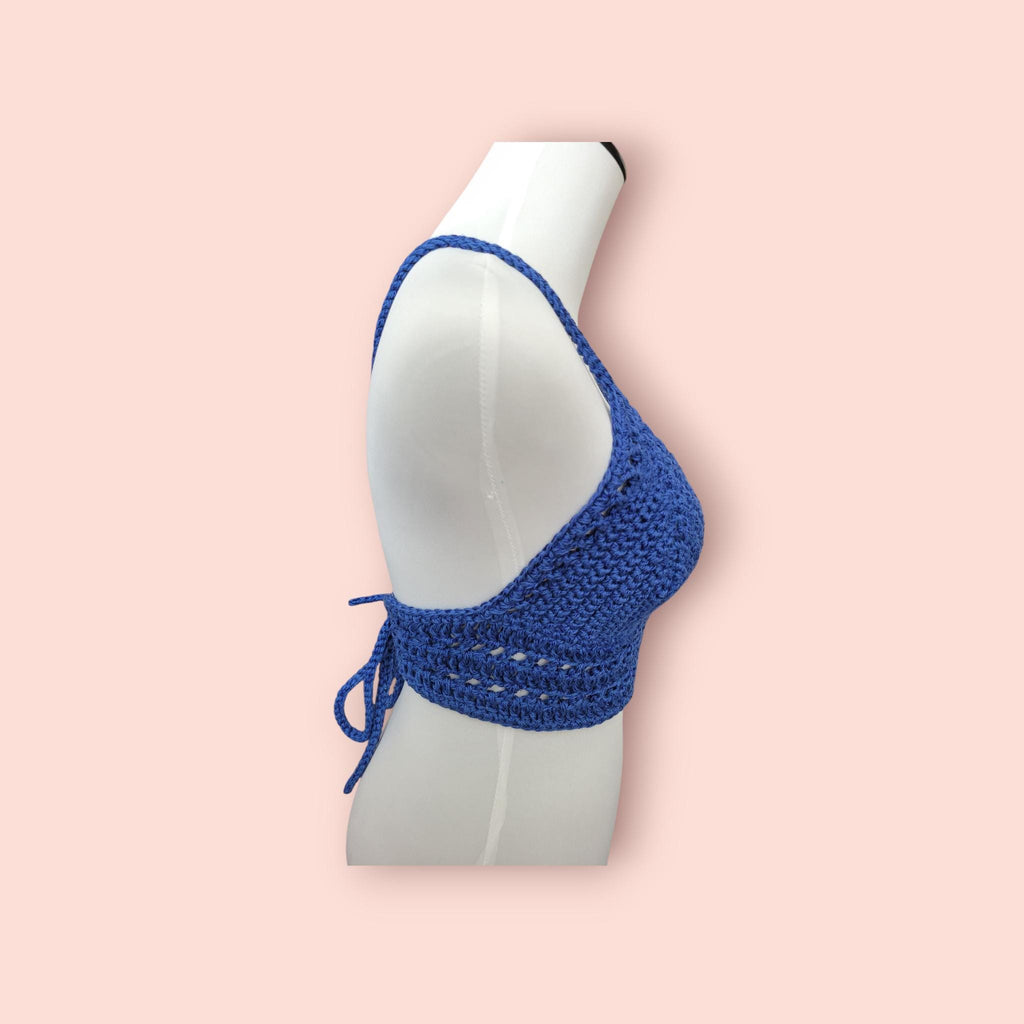 cropped top, dark blue, size M-L, cotton and viscose, handmade, crochet