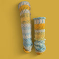 handmade leg warmers, in blues, yellow and white, fair isle, stripes, acrylic