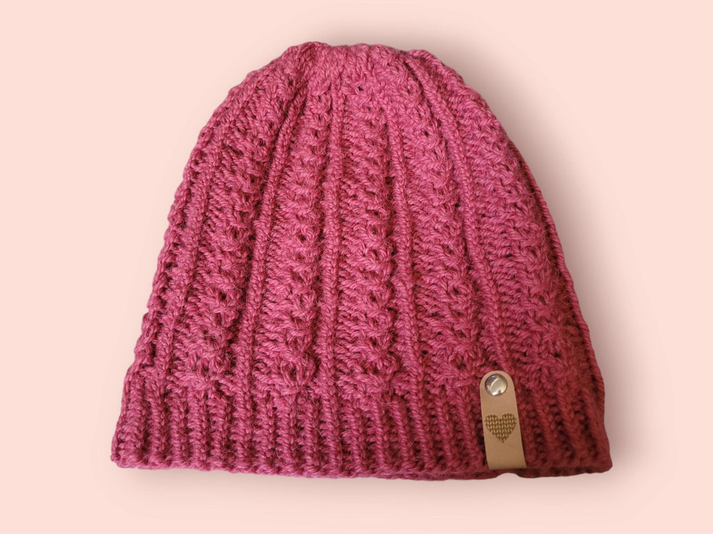 beanie hat,  dark pink rose, wool and alpaca handmade knitted breathable hat