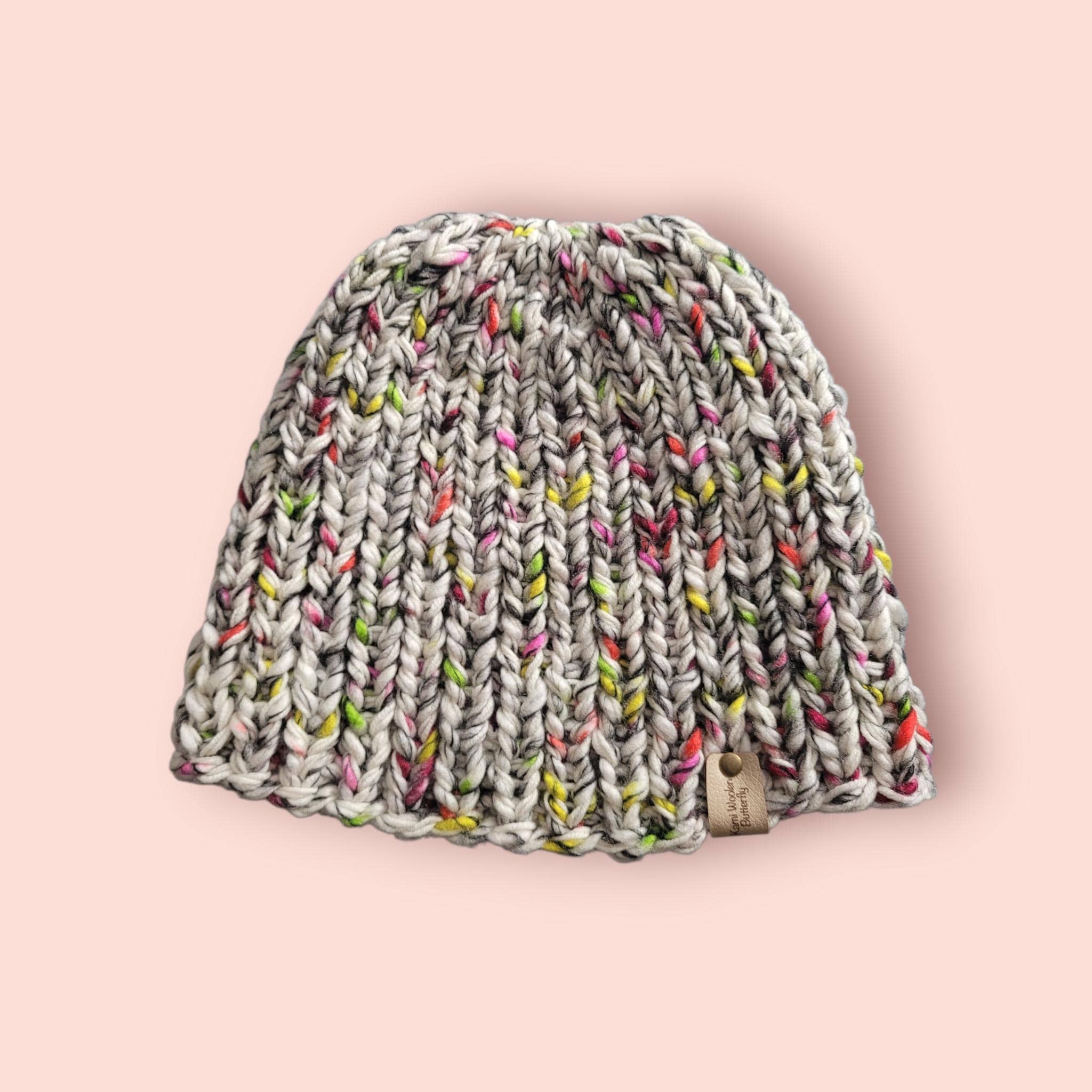 handmade knitted beanie hat, off white with splashes of colour, with merino wool, size L - XL