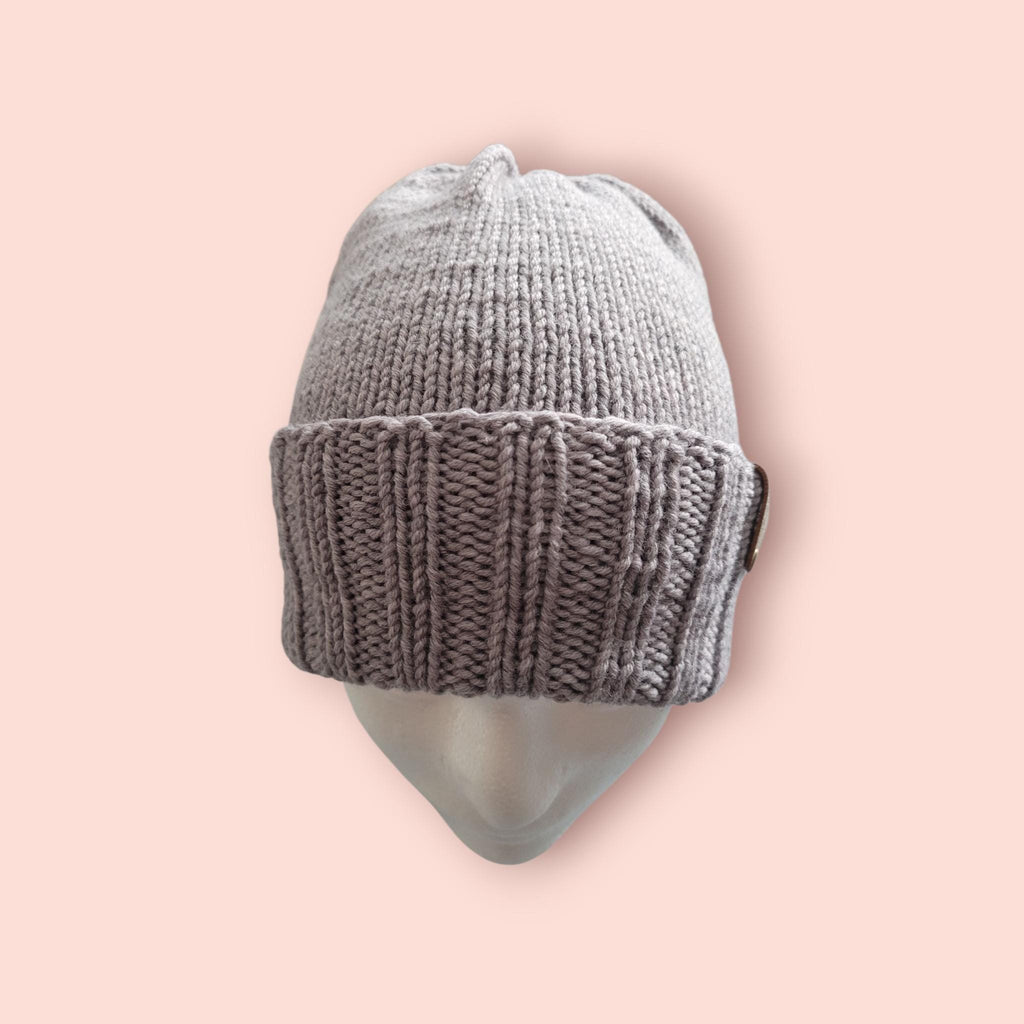 hand knitted merino wool beanie hat,  grey with purple shade