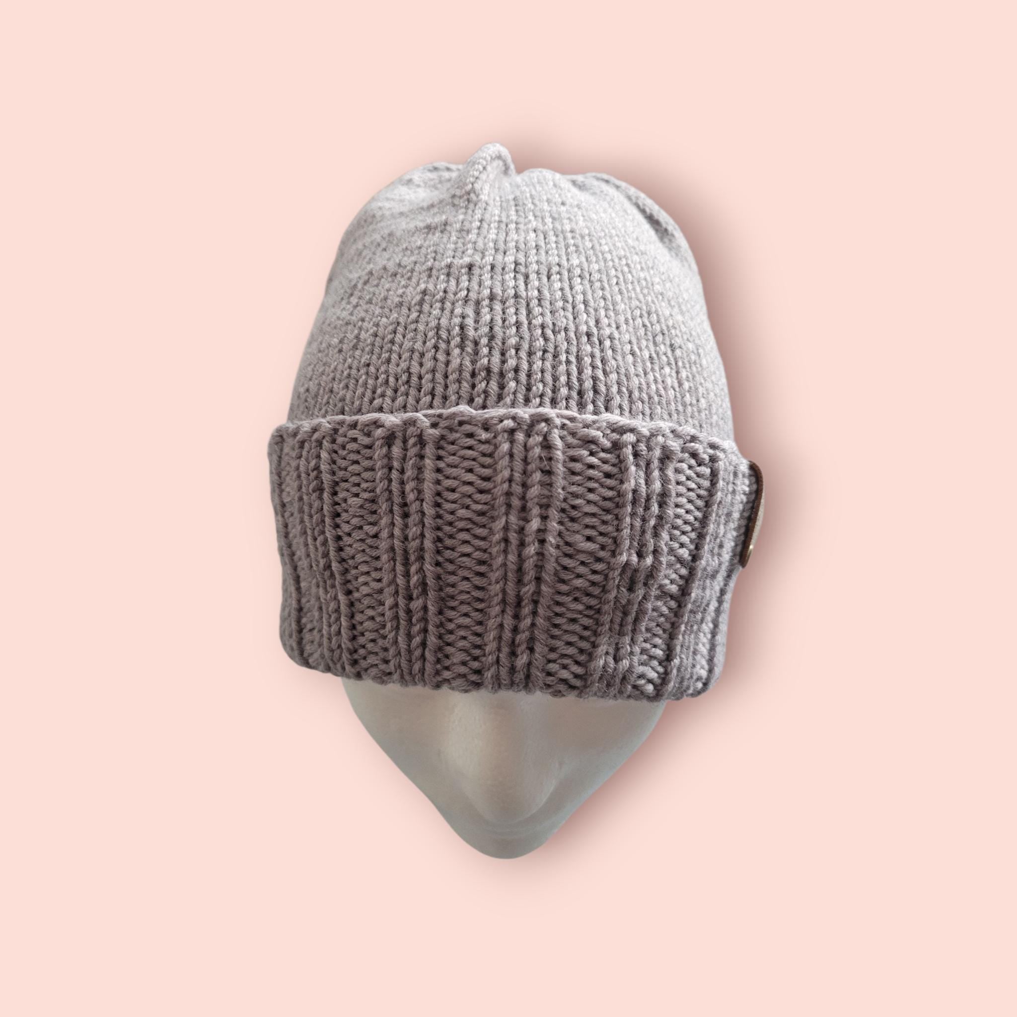 hand knitted merino wool beanie hat,  grey with purple shade