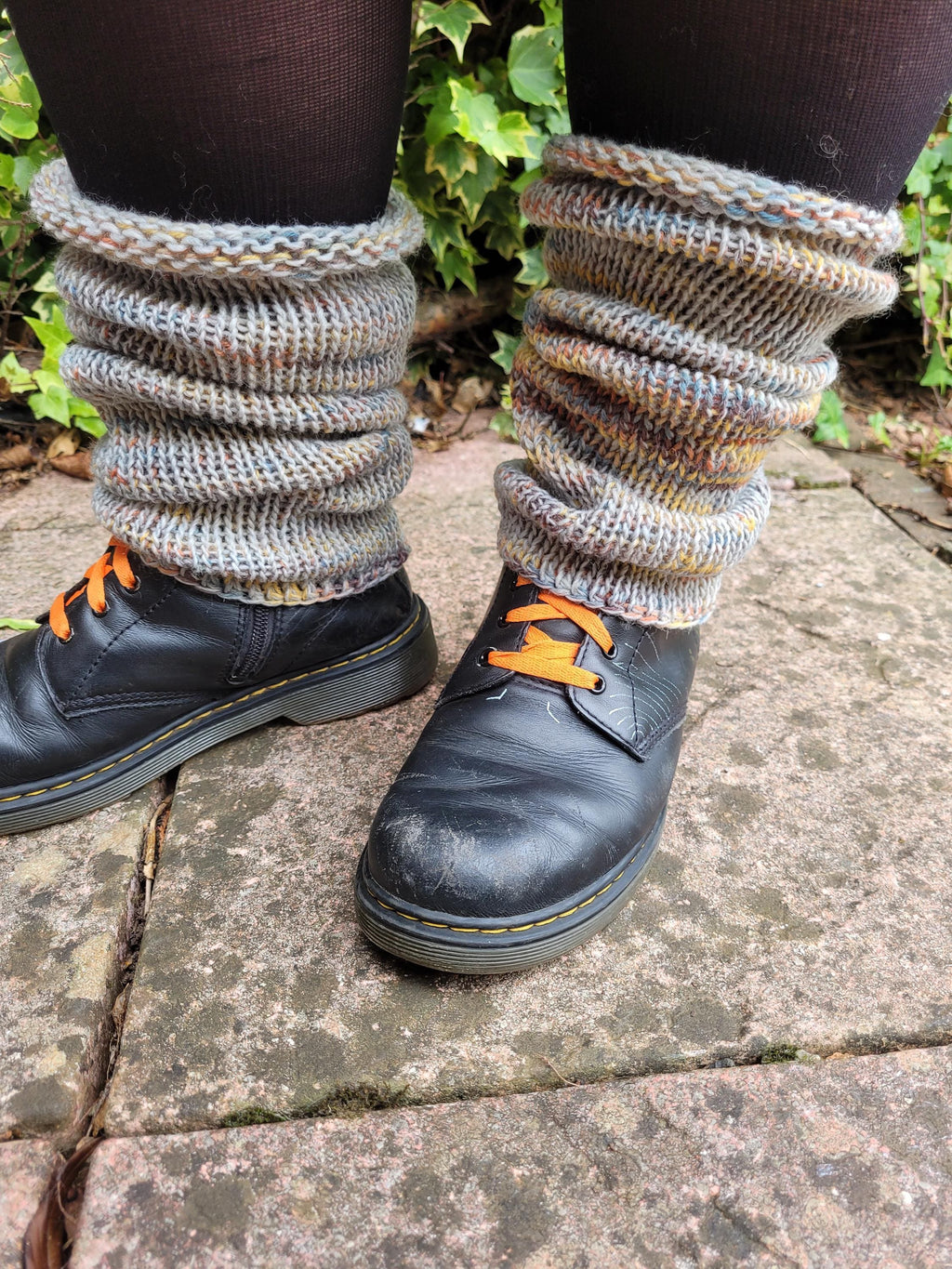 handmade leg warmers,  woolen and warm, grey with yellow and blue