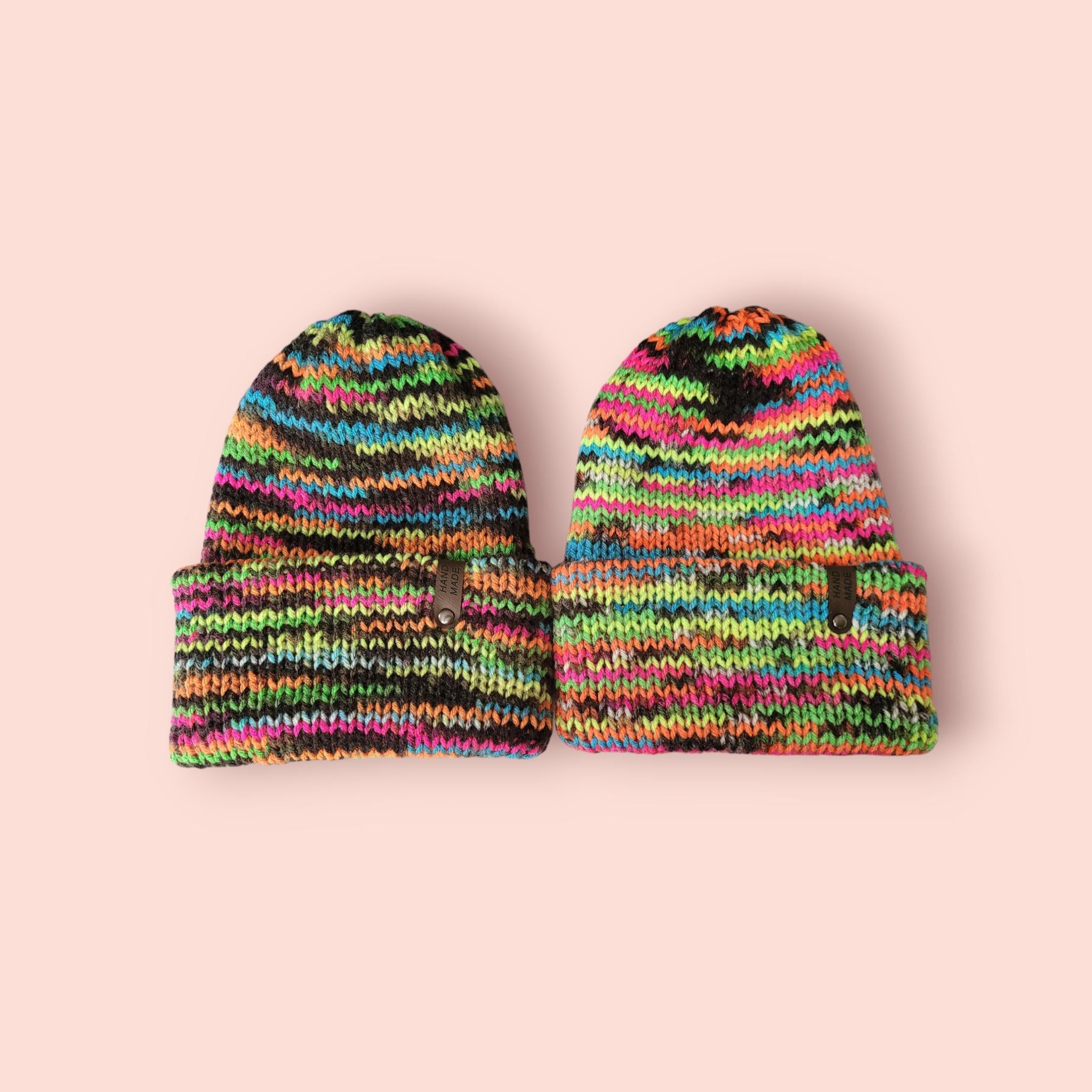 neon black beanie hat, bright colours,  size S -M,  folded brim, double layer, warm beanie, acrylic